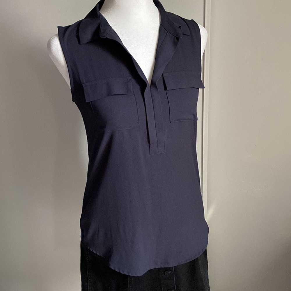 LOFT Women’s Petite Sleeveless Navy Split V-Neck Collared Blouse Mixed Fabrics